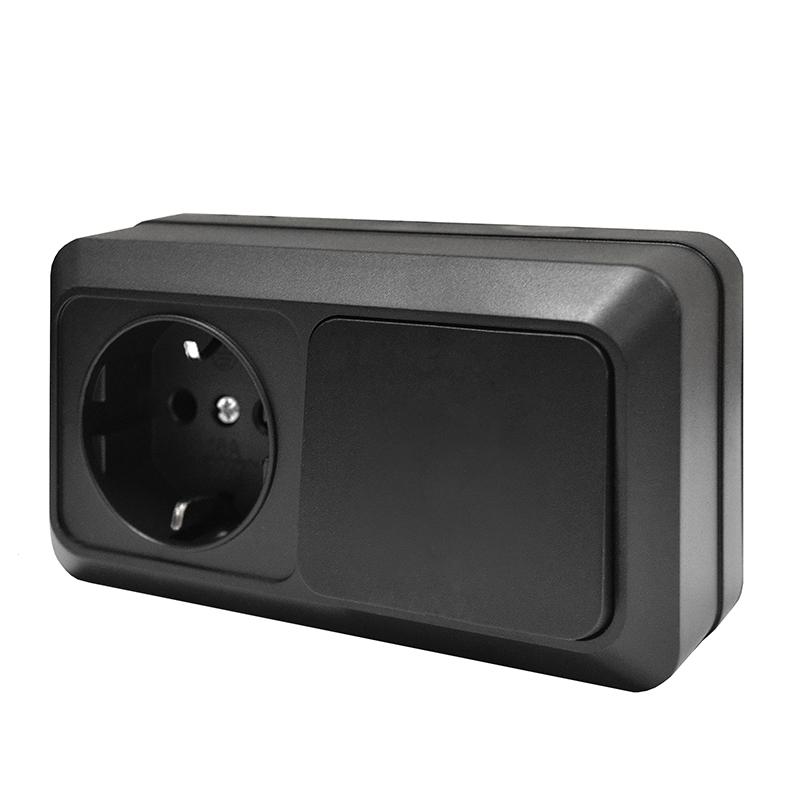 Блок ОП Олимп 1-кл. выкл.10А + роз. с заземл. 16А 220В горизонт. черн. Universal 7946806